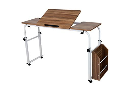 Photo 1 of Mind Reader Over Bed Table Desk with Adjustable Height/Width Tilting Section for Laptop School Work Dorm Room Magazine Holder, White, Wood Finish
