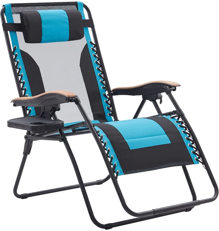 Photo 1 of Farini Zero Gravity Chair Patio Reclining Lounge Chair, Mesh Back Lawn Chair with Adjustable Pillow and Cup Holder, Support 350 lbs, Black and Sky Blue
