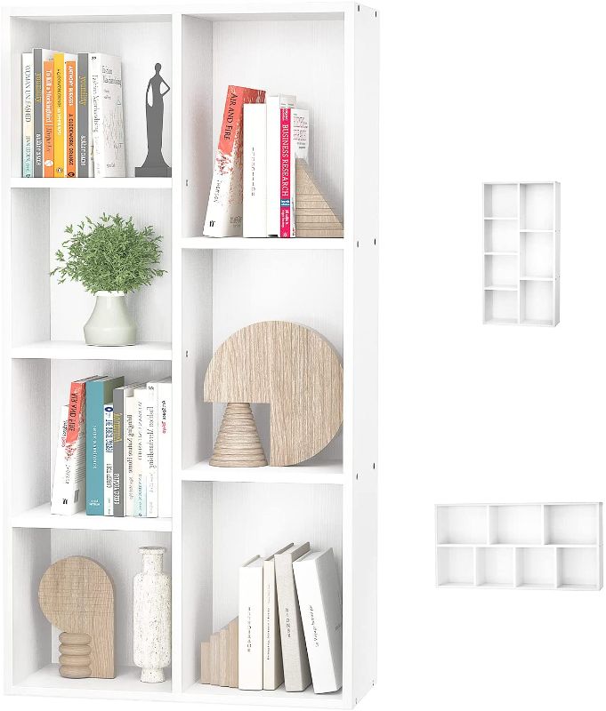 Photo 1 of Aheaplus Bookcase Storage Shelves 7-Cube Organizer Bookshelf Display Cube Shelves Compartments Floor Standing Wood Open Bookshelves for Office Home School Shelf Display for Cd/Magazine/Book, White
