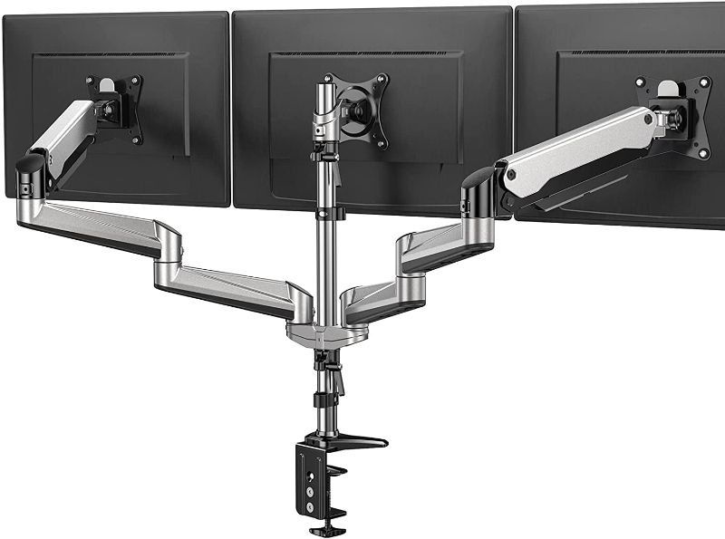 Photo 1 of HUANUO Triple Monitor Stand - Full Motion Articulating Gas Spring Monitor Mount Fit Three 17 to 32 inch Flat/Curved LCD Computer Screens with Clamp, Grommet Kit, Silver
