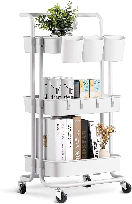 Photo 1 of alvorog 3-Tier Rolling Utility Cart Storage Shelves Multifunction Storage Trolley Service Cart with Mesh Basket Handles and Wheels Easy Assembly for Bathroom, Kitchen, Office BEIGE
COLORS MAY VARY
