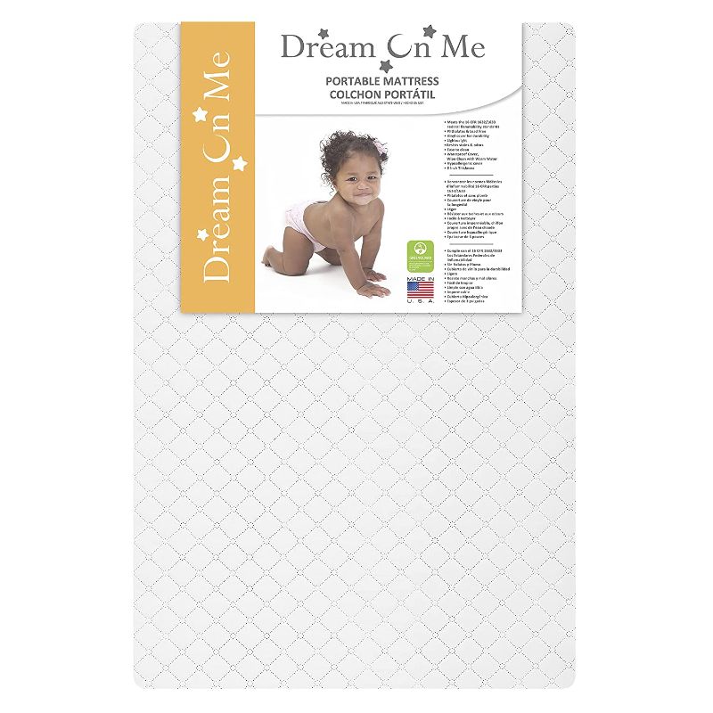 Photo 1 of Dream On Me, Sunset 3” Extra Firm Fiber Portable Crib Mattress in White I Green Guard Gold Certified
