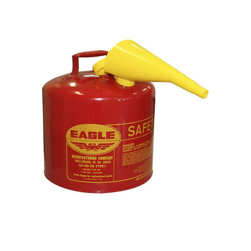 Photo 1 of Eagle UI-50-FS Red Galvanized Steel Type I Gasoline Safety Can with Funnel, 5 gallon Capacity, 13.5" Height, 12.5" Diameter,Red/Yellow
