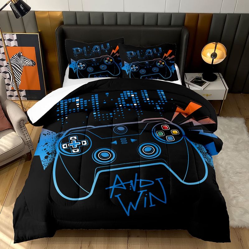 Photo 1 of AILONEN Gamer Comforter Sets for Teen Boys, Gaming Bedding Sets Full Set,Video Game Bedspread,Game Duvet,Gamepad Bed Set,Playstation Bedding,Controller Quilt Set,3 Piece 1 Comforter and 2 Pillowcases

