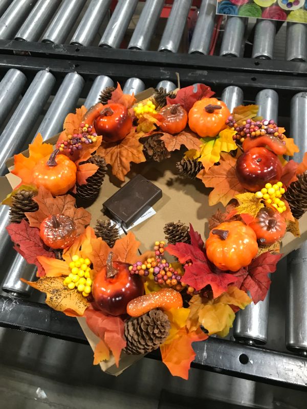 Photo 2 of Glory Island Fall Wreath with LED Lights and Timer, 14 Inch Thanksgiving Wreath Pumpkin Maple Leave Pine Cone for Harvest Autumn Home Front Door Wall Fireplace
