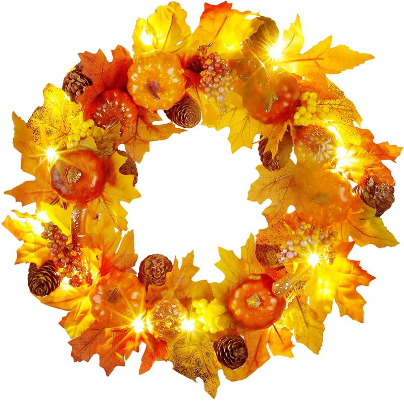 Photo 1 of Glory Island Fall Wreath with LED Lights and Timer, 14 Inch Thanksgiving Wreath Pumpkin Maple Leave Pine Cone for Harvest Autumn Home Front Door Wall Fireplace
