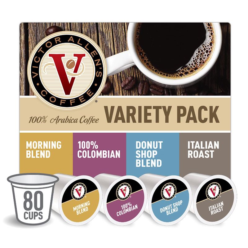 Photo 1 of 
Victor Allen's 80 Count Single Serve Cup Variety Pack of Morning Blend, 100% Colombian, Donut Shop and Italian Roast (Compatible with 2.0 Keurig Brewers) expires 4/16/2022
