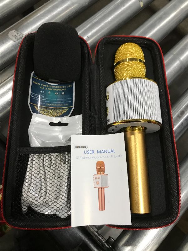 Photo 2 of BONAOK Wireless Bluetooth Karaoke Microphone,3-in-1 Portable Handheld Karaoke Mic Speaker Machine Birthday Home Party for PC or All Smartphone (Q37 Gold)
