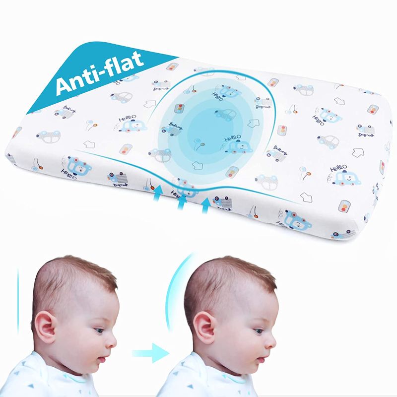 Photo 1 of Baby Pillow for Sleeping, Mokeydou Infant Head Shaping Pillow Prevent Flat Head Syndrome, Memory Foam Newborn Round Pillow for 0-2T Baby Girl & Boy with Washable Cotton Pillow Cover (Car)
