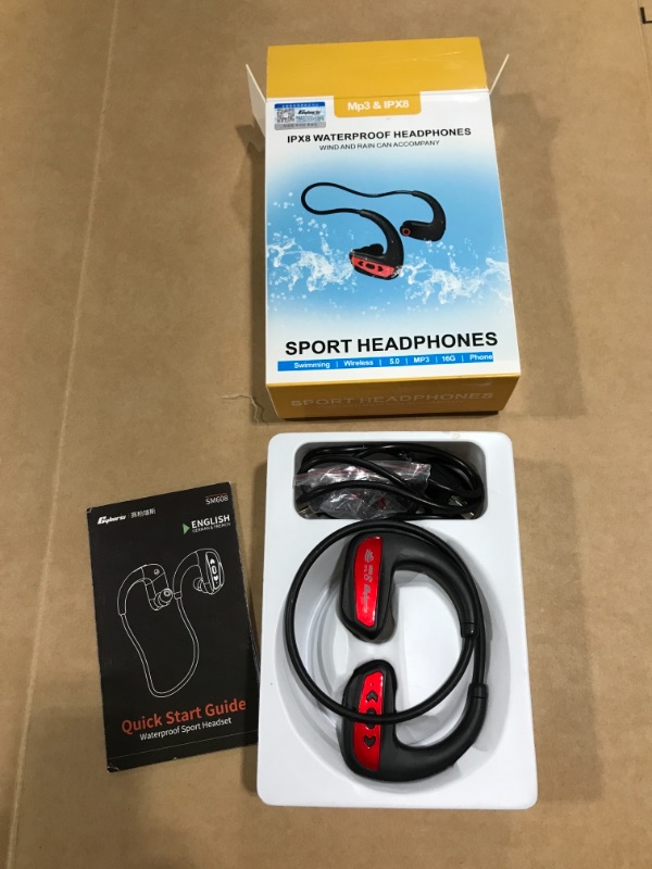 Photo 1 of IPX8 WATERPROOF HEADPHONES. RED/GREY. 