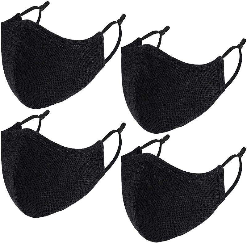 Photo 1 of 4 Pack Breathable Reusable 3-Ply Face Masks with Adjustable Ear Loops for Women Men, Washable Soft Cloth Face Protection, Black Dustproof Nose Mouth Cover (Large)
