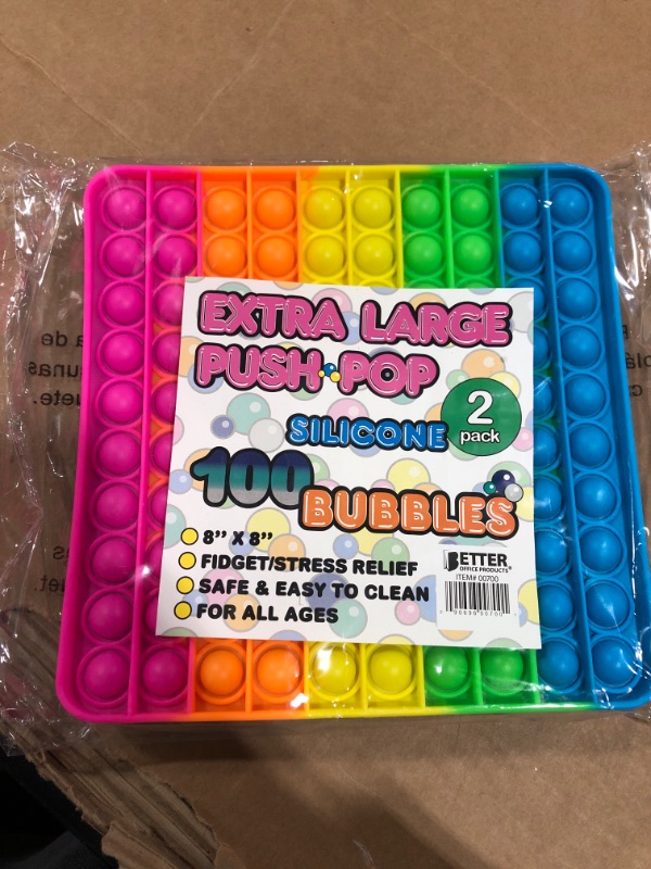 Photo 2 of Silicone Push Pop Extra Large, 2 Pack, 100 Bubbles Per Sensory Fidget Toy, 8" x 8" (10 x 10 Bubbles), Stress Reliever, Neon Colors and Blue Tie Dye, Better Office Products (XL Silicone Pop Toy)
