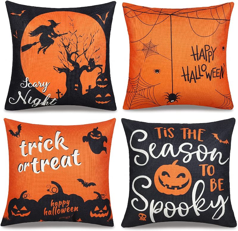 Photo 1 of ButyHome Halloween Pillow Covers 18x18 Set of 4, Halloween Decor Pumpkin Throw Pillowcase Orange and Black Happy Halloween Linen Cushion Case for Home Decoration Sofa Couch Bedroom Car Decorate
