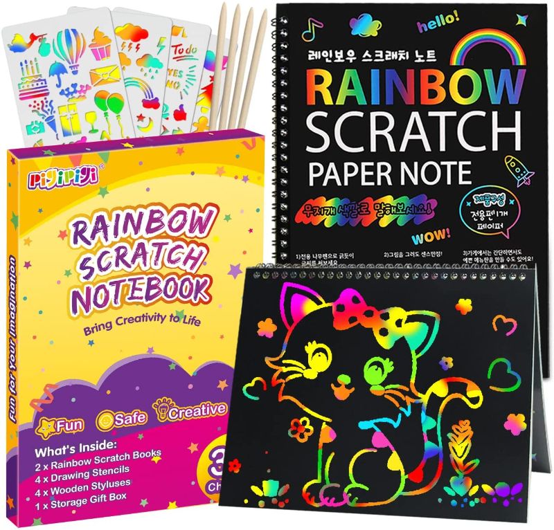 Photo 1 of Pigipigi Rainbow Scratch Paper for Kids - 2 Pack Scratch Off Notebooks Arts Crafts Supplies Kits Drawing Paper Black Magic Sheets Scratch Pad Activity Toy...
