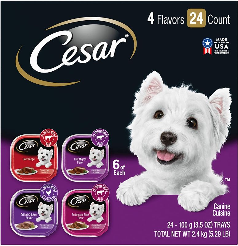 Photo 1 of CESAR Soft Wet Dog Food Classic Loaf in Sauce Beef Recipe, Filet Mignon, Grilled Chicken and Porterhouse Steak Variety Pack, (24) 3.5 oz. Easy Peel Trays
