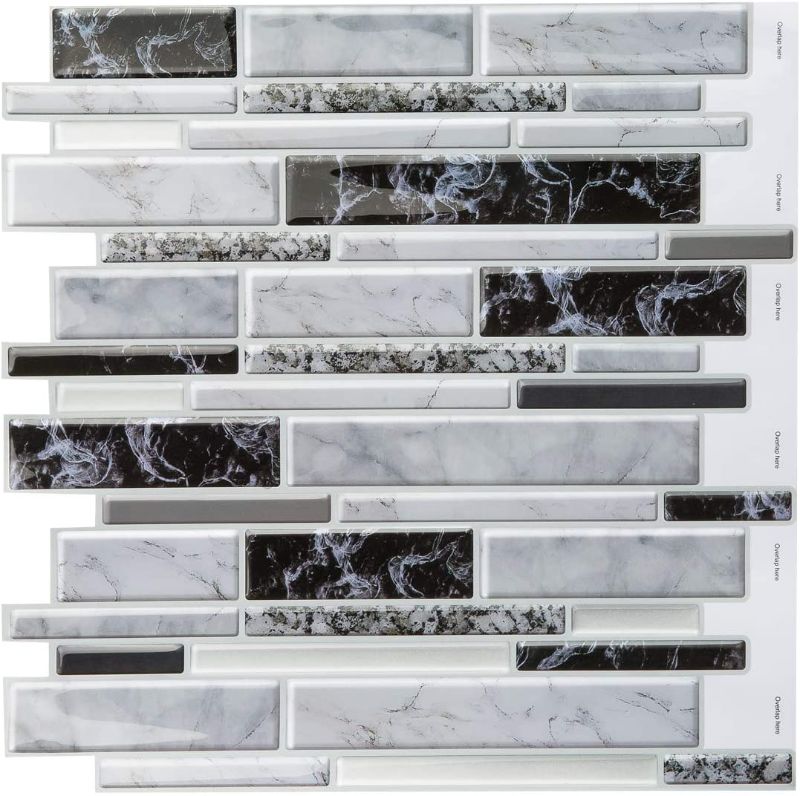 Photo 1 of Decopus 3D Marble Tile Peel and Stick Backsplash (Long Shape - Marble White Black 5pc/Pack) for Flooring Kitchen, Bathroom Wall Accents, Self Adhesive Vinyl...
