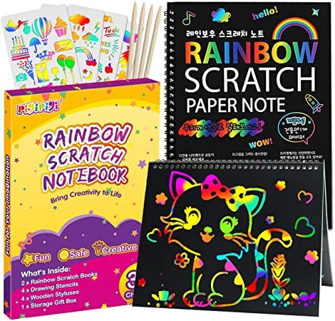 Photo 1 of Pigipigi Rainbow Scratch Paper for Kids - 2 Pack Scratch Off Notebooks Arts Crafts Supplies Kits Drawing Paper Black Magic Sheets Scratch Pad Activity Toy for Girls Boys Game Christmas Birthday Gift
