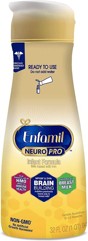Photo 1 of Enfamil NeuroPro Ready-to-Use Baby Formula, Ready to Feed, Brain and Immune Support with DHA, Iron and Prebiotics, Non-GMO, 32 Fl Oz Bottle
