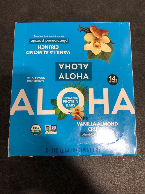 Photo 3 of ALOHA Organic Plant Based Protein Bars - Vanilla Almond Crunch - 12 Count, 1.9oz Bars - Vegan, Low Sugar, Gluten-Free, Paleo, Low Carb, Non-GMO, Stevia-Free, Soy-Free, Sugar Alcohol Free
BB DEC 2022.