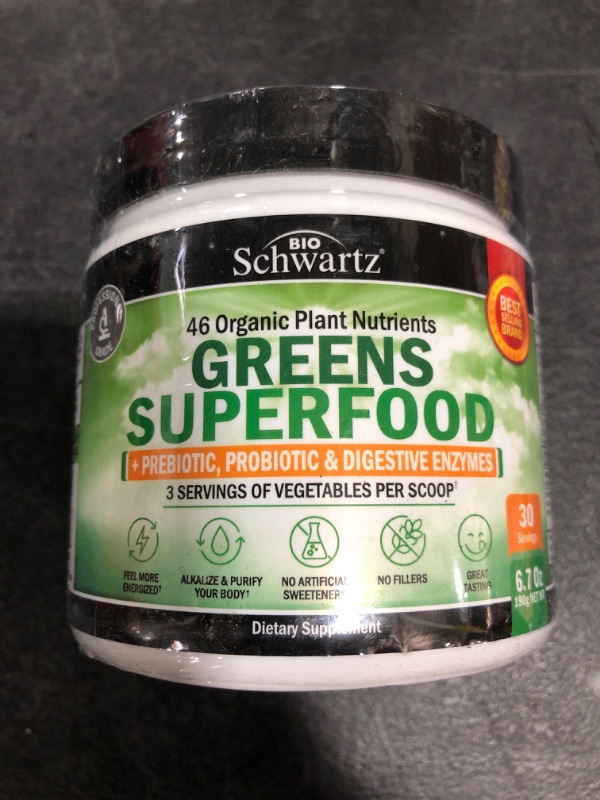 Photo 2 of Chlorophyll Rich Super Greens Organic Powder with Probiotics Prebiotics & Digestive Enzymes - 43+ Green Superfoods Alfalfa Bilberry Spirulina Chlorella - Dr Approved Keto Friendly Vegan Supplement
BB 05/2022.