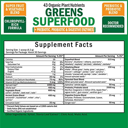 Photo 1 of Chlorophyll Rich Super Greens Organic Powder with Probiotics Prebiotics & Digestive Enzymes - 43+ Green Superfoods Alfalfa Bilberry Spirulina Chlorella - Dr Approved Keto Friendly Vegan Supplement
BB 05/2022.