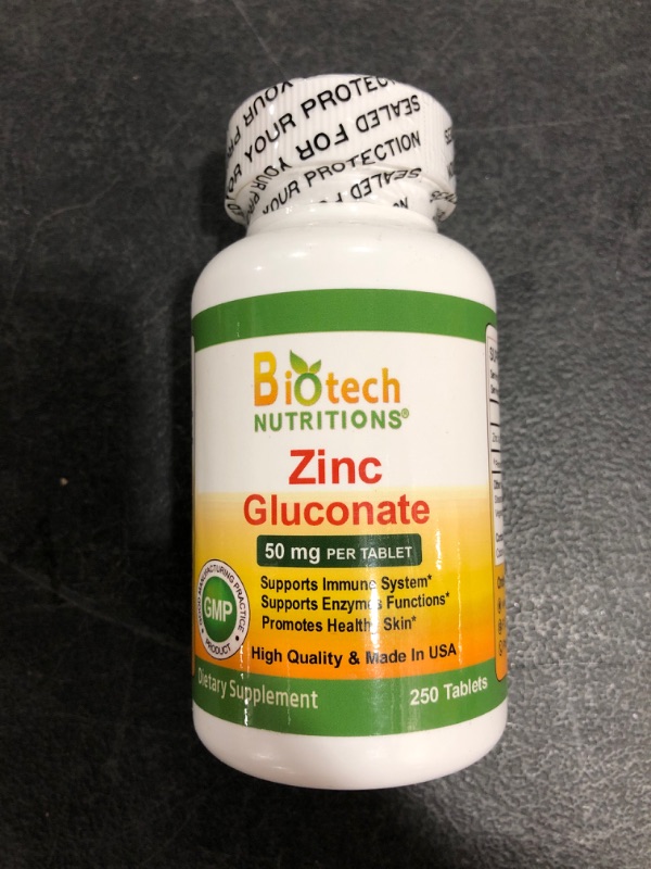 Photo 3 of Biotech Nutritions Zinc Gluconate 50 mg 250 Tablets Made in USA Vegetarian/Vegan Zinc Gluconate
BB 02/2024.