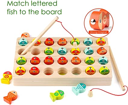 Photo 2 of Haktoys Wooden Magnetic Fishing Game Toy Set, Premium Alphabet Sorting Color Puzzle Montessori Letters Fishing Playset, for Toddlers and Kids
