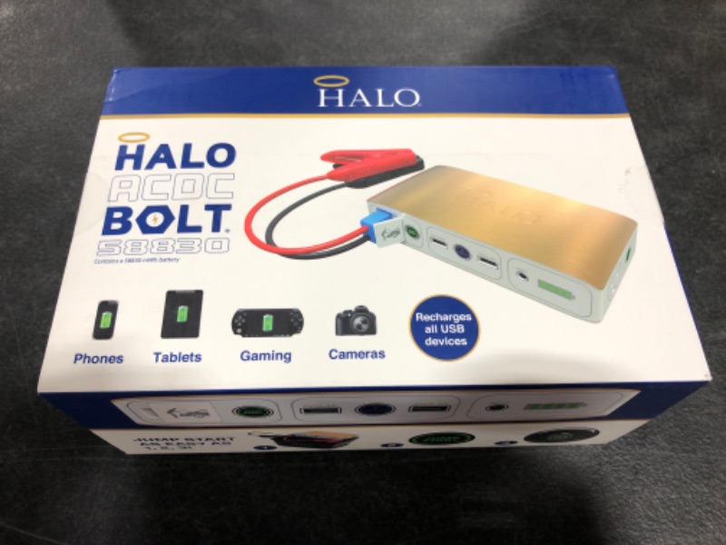Photo 1 of HALO Bolt 58830 mWh Portable Phone Laptop Charger Car Jump Starter with AC Outlet and Car Charger - Gold
