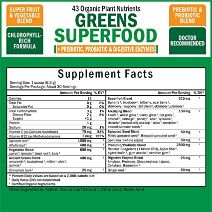 Photo 2 of Chlorophyll Rich Super Greens Organic Powder with Probiotics Prebiotics & Digestive Enzymes - 43+ Green Superfoods Alfalfa Bilberry Spirulina Chlorella - Dr Approved Keto Friendly Vegan Supplement
05/2022.