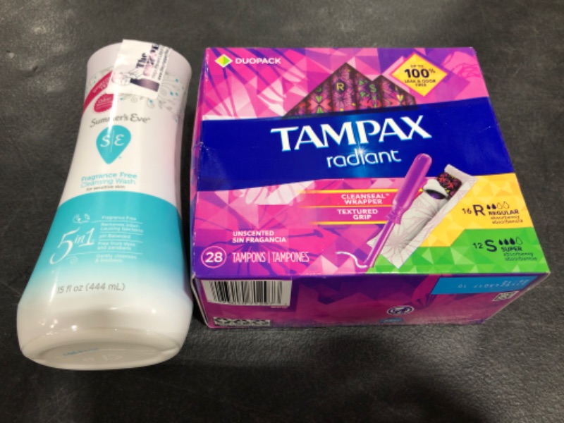 Photo 3 of Summer's Eve Cleansing Wash, Fragrance Free, 15 oz & Tampax Radiant Plastic Tampons, Regular/Super Absorbency Duopack, 28 Count (Packaging May Vary)
LOT OF 2 ITEMS.
