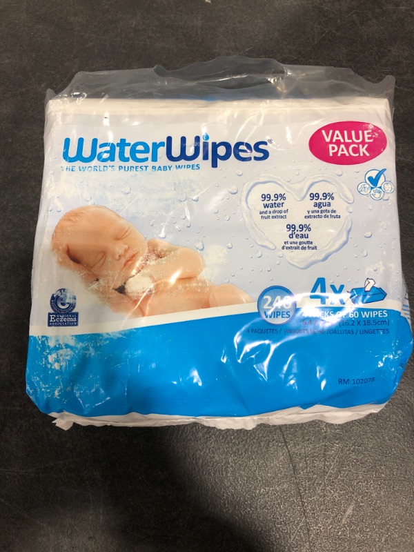 Photo 3 of WaterWipes Biodegradable Original Baby Wipes,?99.9% Water Based Wipes, Unscented & Hypoallergenic for Sensitive Skin, 240 Count (4 packs), Packaging May Vary
