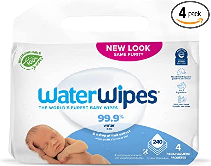 Photo 1 of WaterWipes Biodegradable Original Baby Wipes,?99.9% Water Based Wipes, Unscented & Hypoallergenic for Sensitive Skin, 240 Count (4 packs), Packaging May Vary
