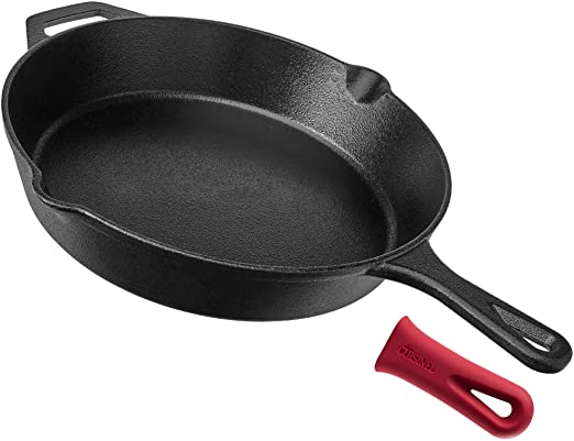 Photo 1 of Cast Iron Skillet - 12"-Inch Frying Pan with Assist Handle and Pour Spots + Silicone Grip Cover - Pre-Seasoned Oven Safe Cookware - Indoor/Outdoor Use - Grill, Stovetop, Induction and Firepit Safe
PRIOR USE.
