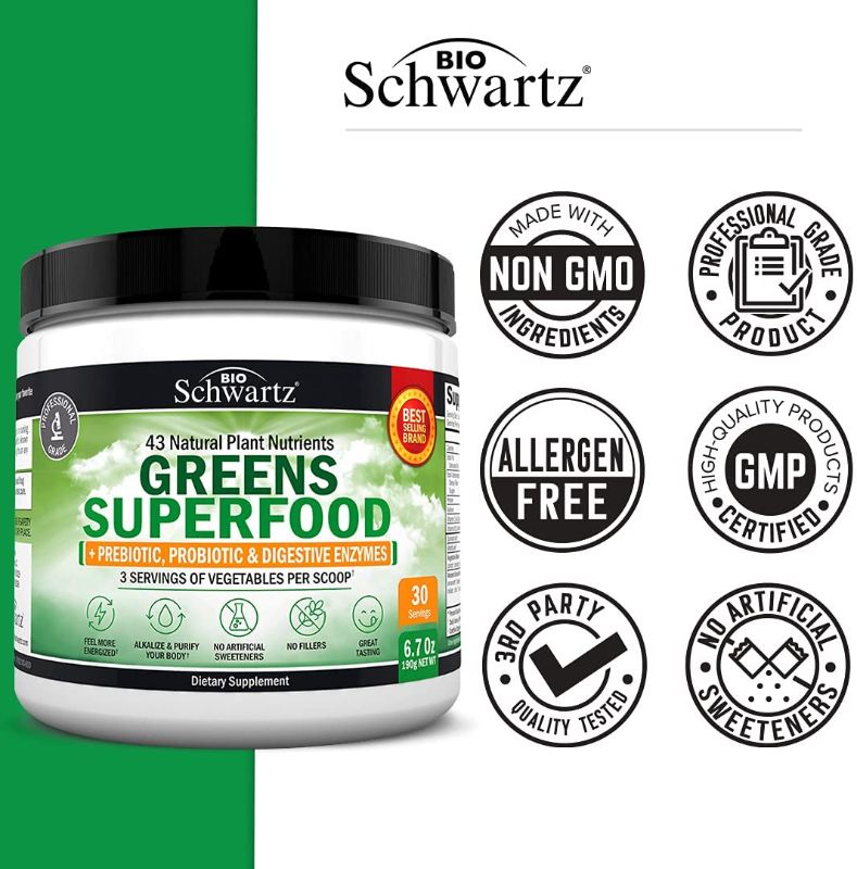 View 1 of Chlorophyll Rich Super Greens Organic Powder with Probiotics Prebiotics & Digestive Enzymes - 43+ Green Superfoods Alfalfa Bilberry Spirulina Chlorella - Dr Approved Keto Friendly Vegan Supplement