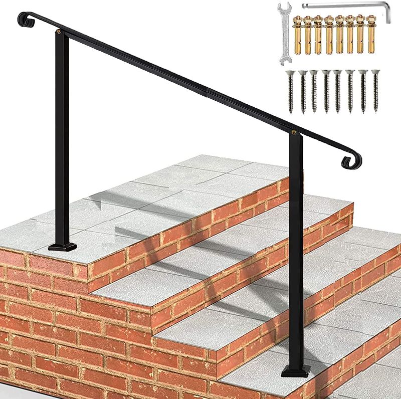 Photo 1 of  Handrails for Outdoor Steps,Height Adjustable 4 Step Handrail Outdoor | Wrought Iron Handrail Stair Rail for 4-Step Indoor Steps with Installation Kit,Black
