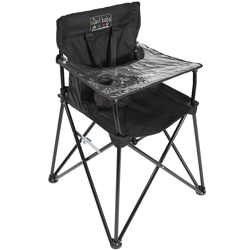 Photo 1 of ciao! baby Portable High Chair for Babies and Toddlers, Fold Up Outdoor Travel Seat with Tray and Carry Bag for Camping, Picnics, Beach Days, Sporting Events, and More (Black)
