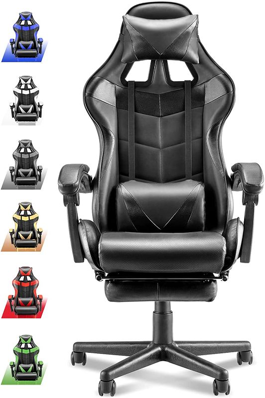 Photo 1 of Soontrans Gaming Chairs with Footrest, PU Leather Office Chair, Gamer Chair,Ergonomic Game Chair with Height Adjustment, Lumbar Support (Carbon Black)
