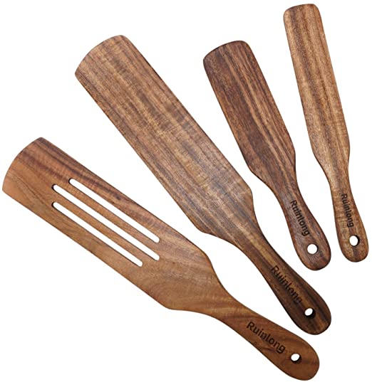 Photo 1 of 4 Pieces wooden spurtles set, Teak Wooden Cooking Utensils for Cooking Spatulas Spoons for Kitchen Use Easy to Clean
