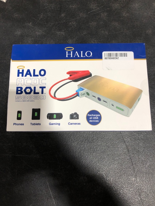 Photo 3 of HALO Bolt 58830 mWh Portable Phone Laptop Charger Car Jump Starter with AC Outlet and Car Charger - Gold
