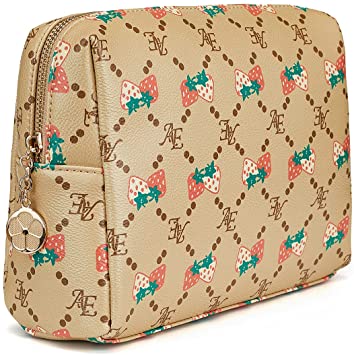 Photo 1 of Luxury Makeup Bag for Purse Large Women Cosmetic Bags for Travel with Double Strawberry Print Design (Khaki)
