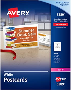 Photo 1 of Avery Printable Cards, Laser Printers, 100 Cards, 4 x 6, U.S. Post Card Size (5389)
