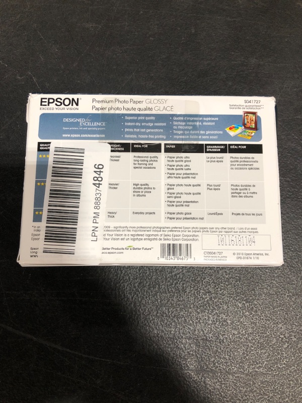 Photo 4 of Epson S041727 Premium Photo Paper, 68 lbs., High-Gloss, 4 x 6 (Pack of 100 Sheets),White
OPEN BOX.