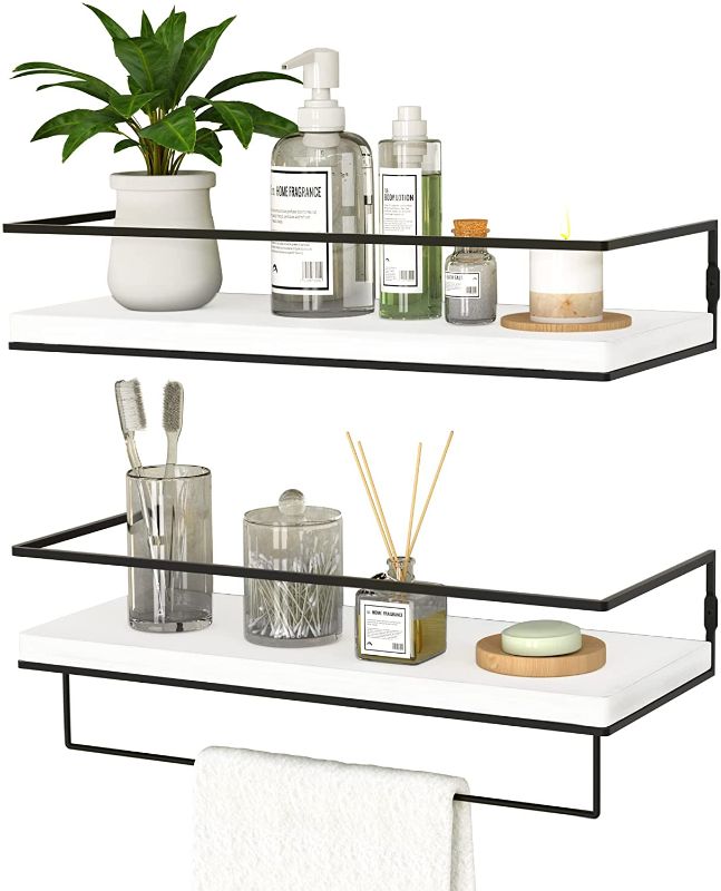 Photo 1 of ZGO Floating Shelves for Wall Set of 2, Wall Mounted Storage Shelves with Metal Frame and Towel Rack for Bathroom, Kitchen, Bedroom
