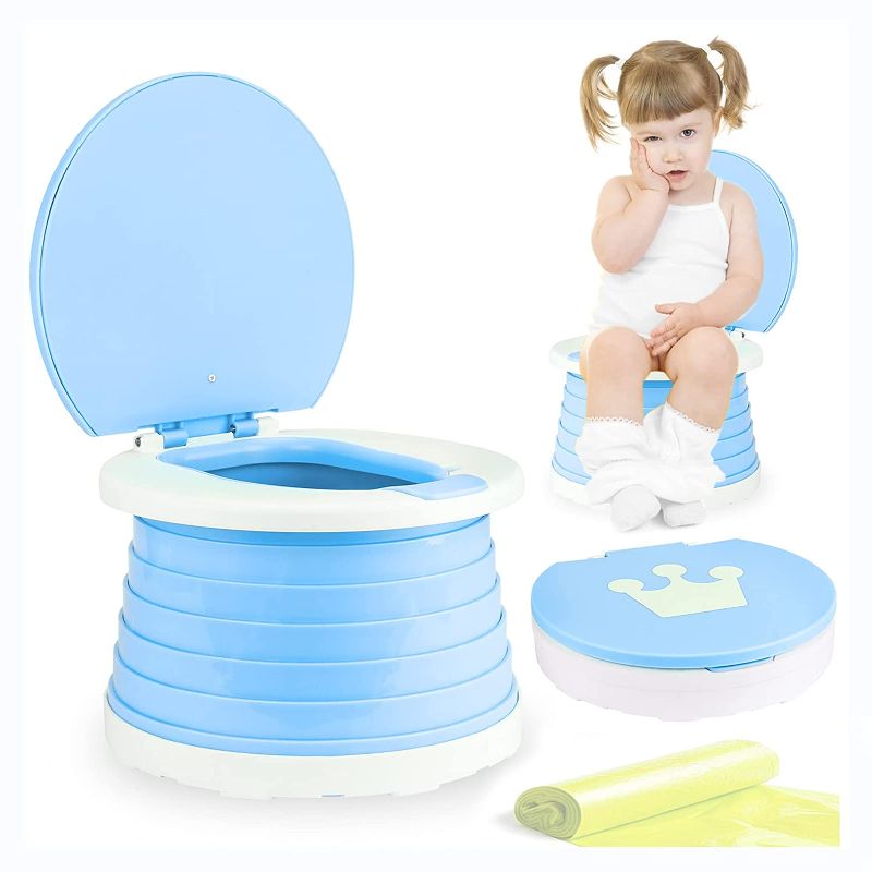 Photo 1 of Portable Potty for Kids Toddlers Foldable Travel Potty Training Seat Children's Portable Toilet Potty Chair Toddlers Training Toilet Seat Emergency Toilet for Car, Camping, Outdoor, Indoor (Blue)
