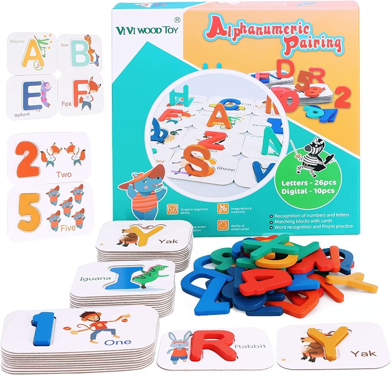 Photo 1 of AOZZO Animal Alphabet Number Flash Cards Set, Montessori Wooden Letter Matching Puzzle Toys for Preschool Toddlers Kids Educational Learning Gift 36 Cards, 36 Blocks
