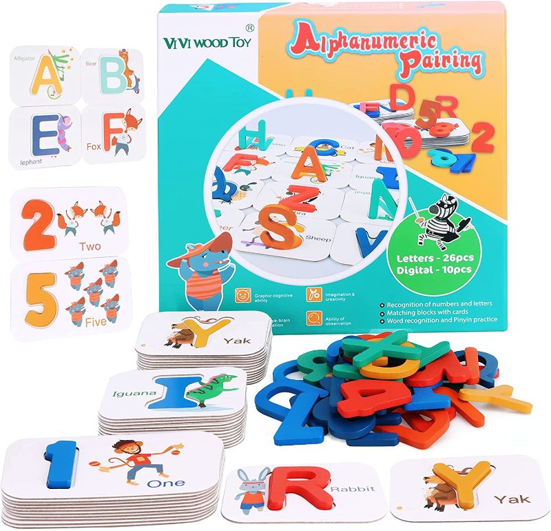 Photo 1 of AOZZO Animal Alphabet Number Flash Cards Set, Montessori Wooden Letter Matching Puzzle Toys for Preschool Toddlers Kids Educational Learning Gift 36 Cards, 36 Blocks