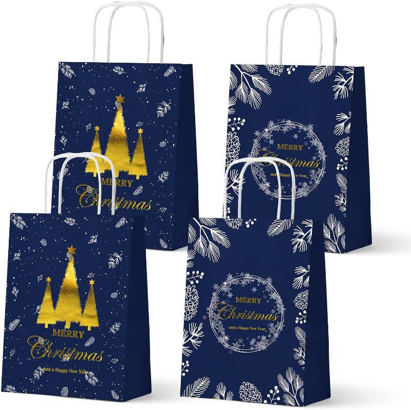 Photo 1 of 24PCS Happy New Year Party Supplies Metallic Gold Foil Winter Holiday Paper Gift Bags Xmas Party Favors Bags Merry Christams Thank you Bags
