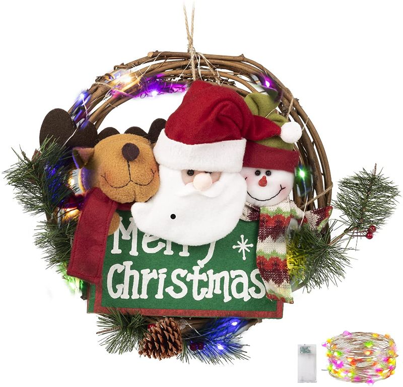 Photo 1 of Christmas Tree Wreath with Ornaments Colored String Christmas Lights, Santa Claus Snowman Elk Cane Christmas Decorations for Xmas Tree Holiday Party Christmas Home Decorations Indoor Outdoor Yard
