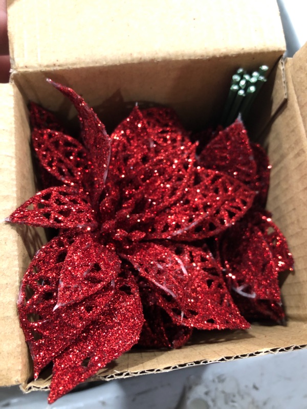 Photo 2 of 12pcs Glitter Poinsettia Xmas Christmas Tree Ornaments Decoration