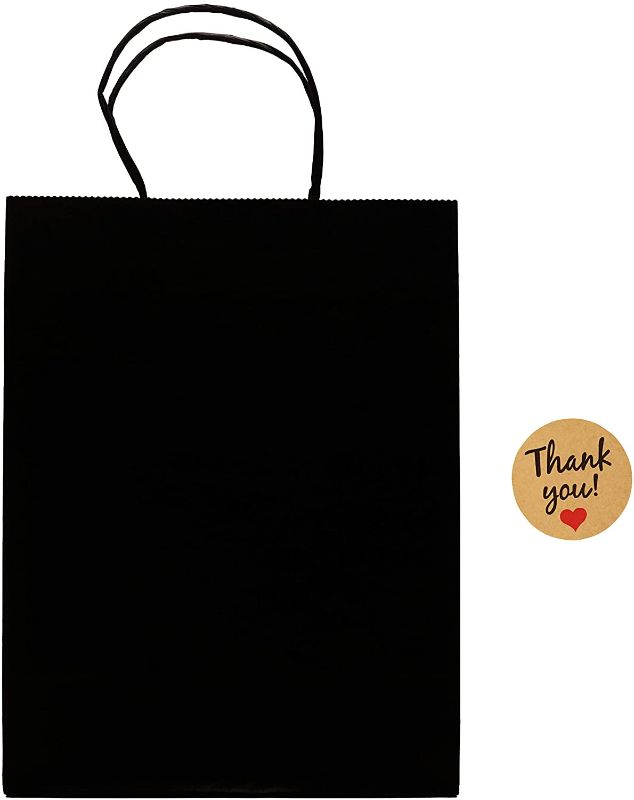 Photo 1 of 25 Pcs Black Kraft Paper Bags with Handles, 8.25x4.25x10.75 Inches with Thank You Stickers Gift Bags Medium Size Eco Friendly Gift Bags Bulk Shopping Bag for Boutique, Paper Bag Gift Bag
